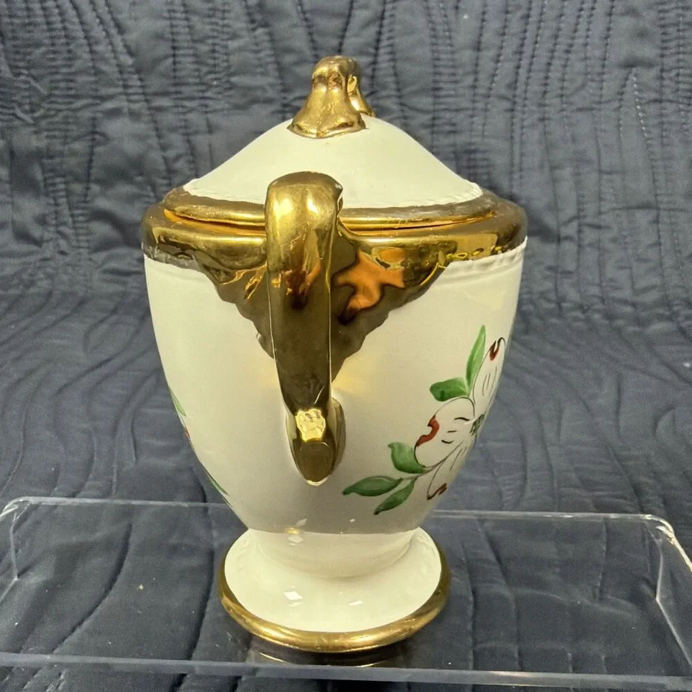 Vintage Porcelain Covered Sugar Bowl Dogwood Flowers Gold Trim Handles Lid